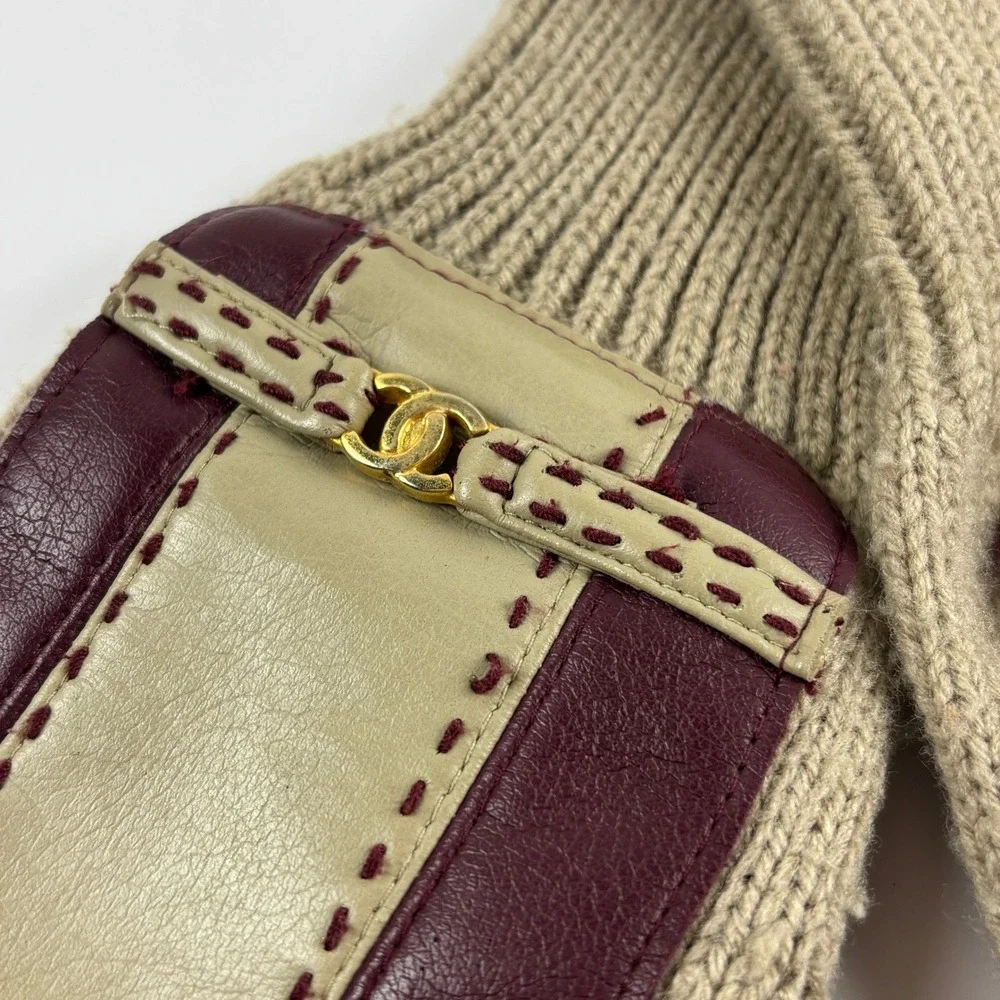 Vintage English Village Knit Leather Driving Gloves Womens Tan‎ Burgundy Gold CC